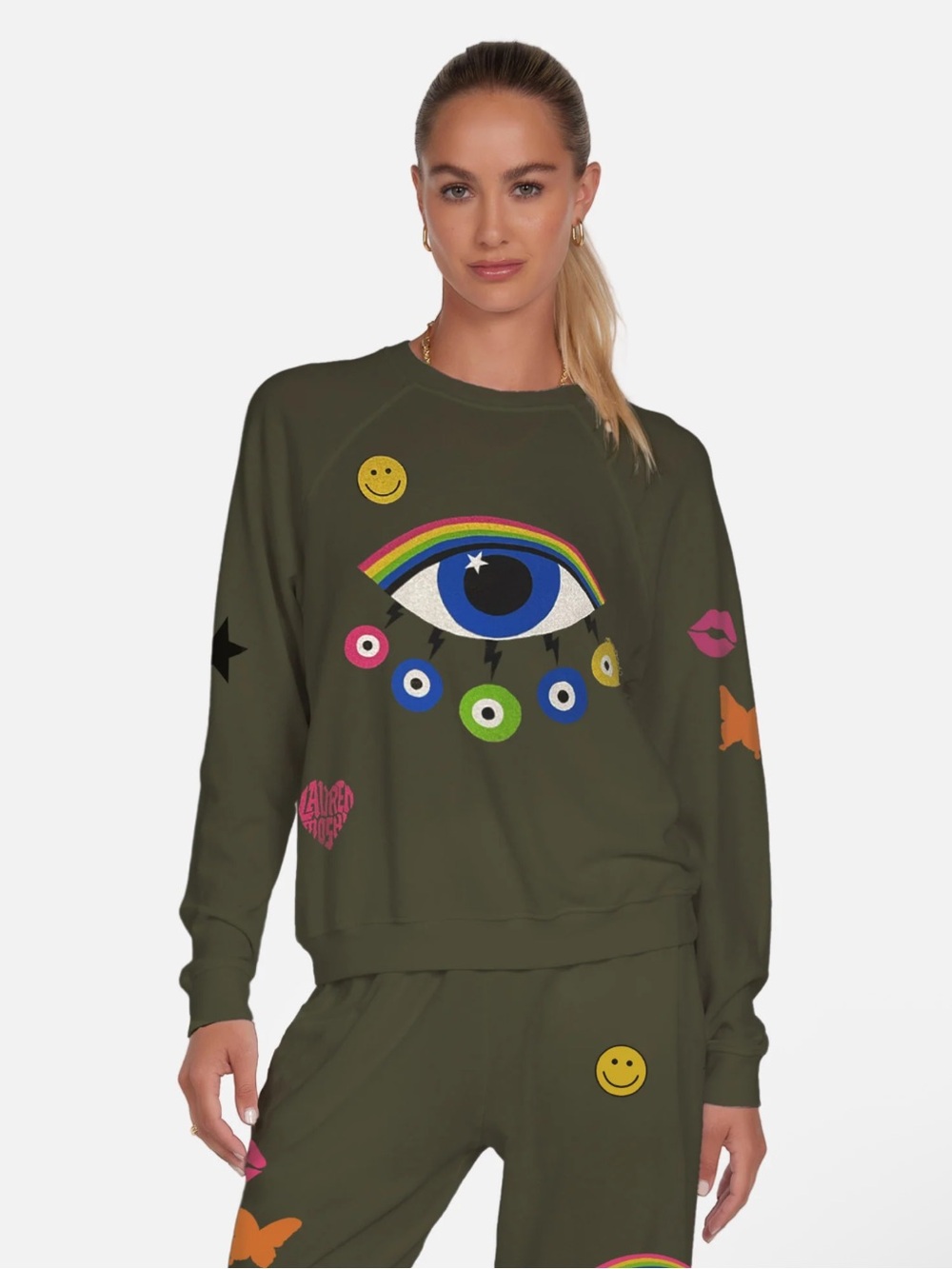Lauren Moshi Rainbow Evil Eye Anela Sweatshirt Raglan Pullover Top Military NEW